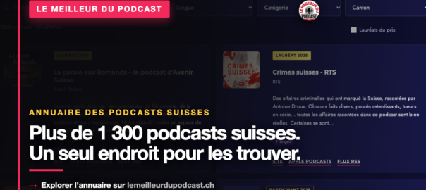Visuel de l'annuaire des podcasts suisses du Meilleur du Podcast : sur-titre « annuaire des podcasts suisses », titre « Plus de 1 300 podcasts suisses. Un seul endroit pour les trouver. », appel à l'action « Explorer l'annuaire sur lemeilleurdupodcast.ch ». Le visuel reprend une capture réelle de la page de l'annuaire (filtres langue, catégorie et canton, badges des lauréats).